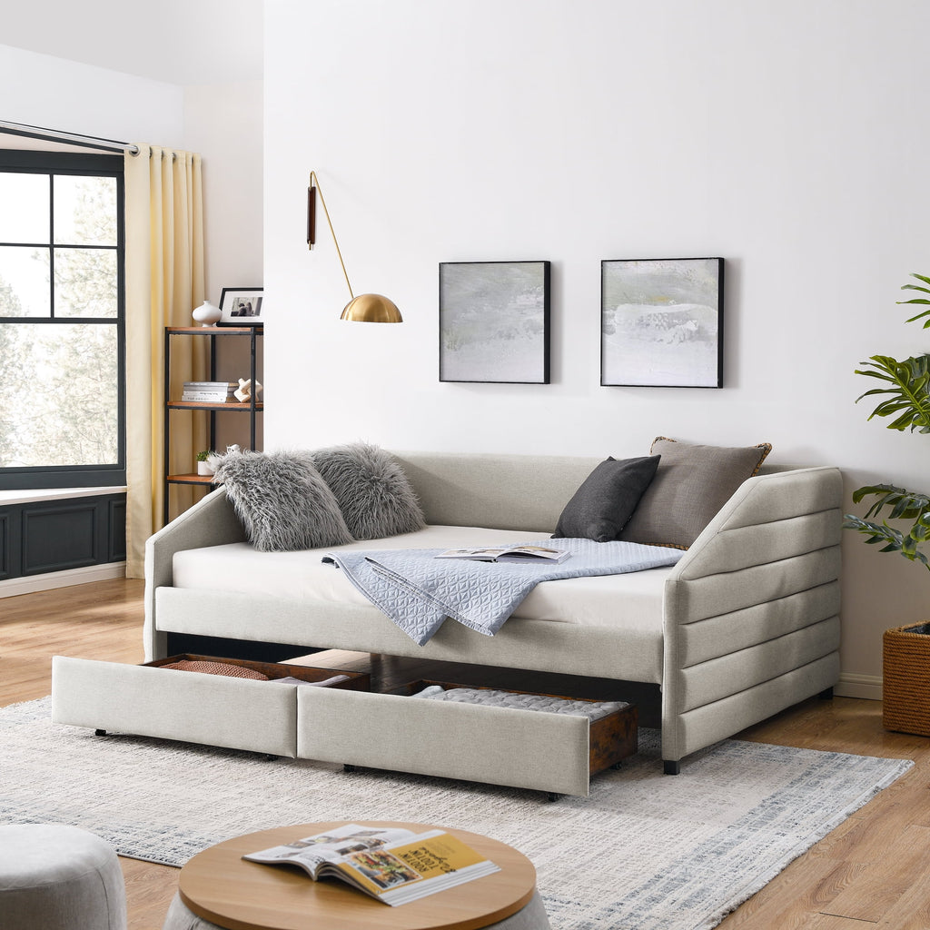 Full Size Upholstered Tufted Linen Daybed with Trundle R7087