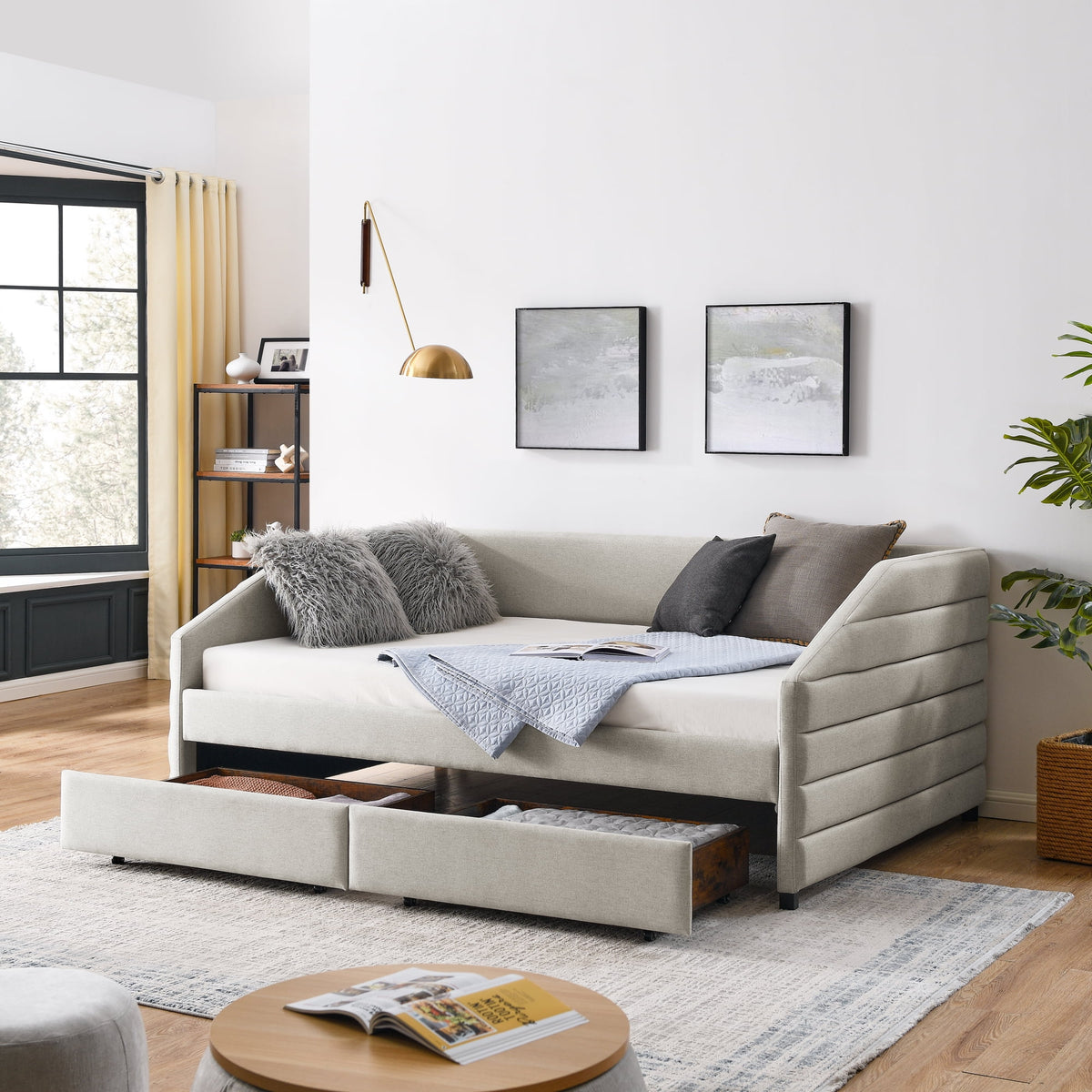 Full Size Upholstered Tufted Linen Daybed with Trundle R7087