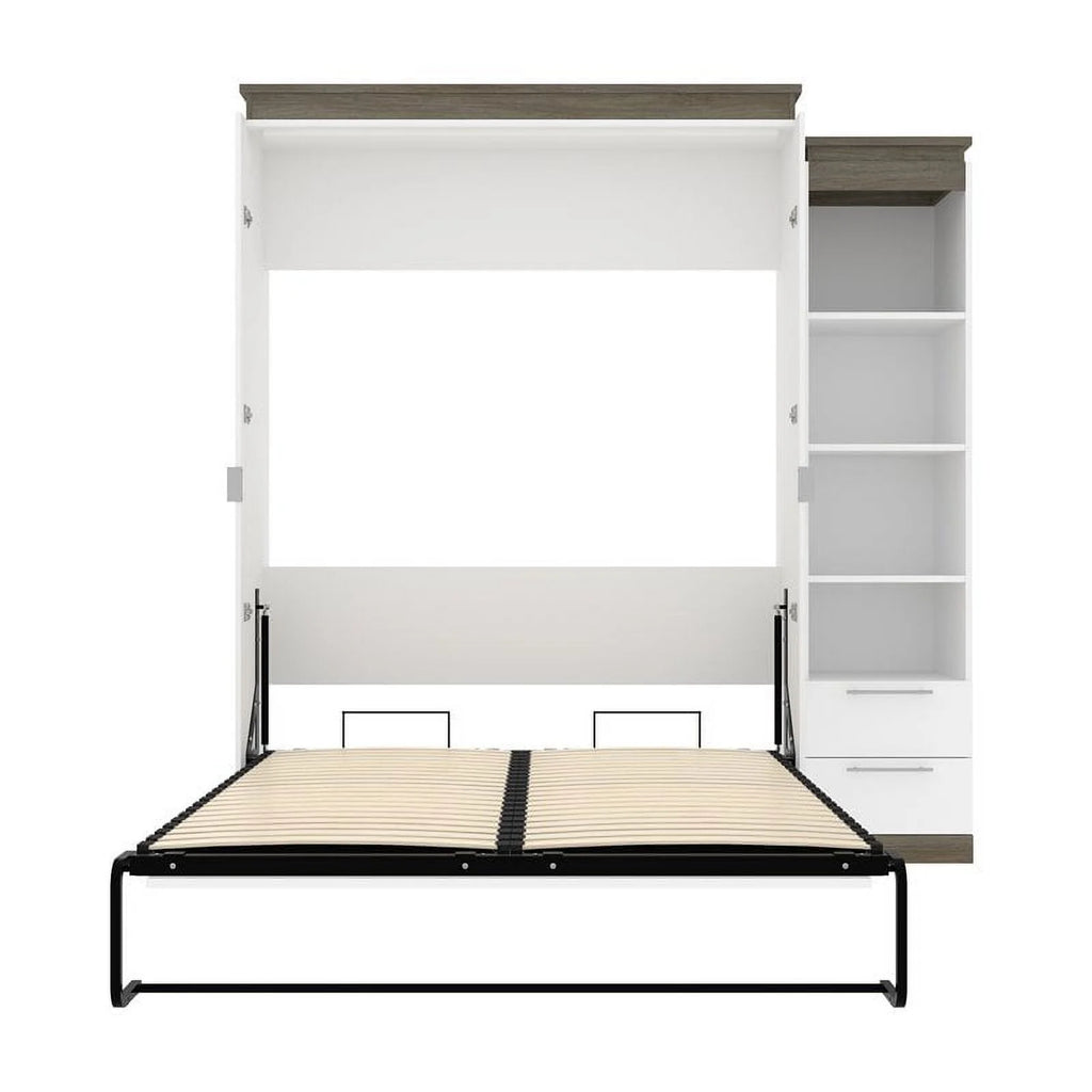 White Queen Murphy Bed and Shelving with Drawers R211