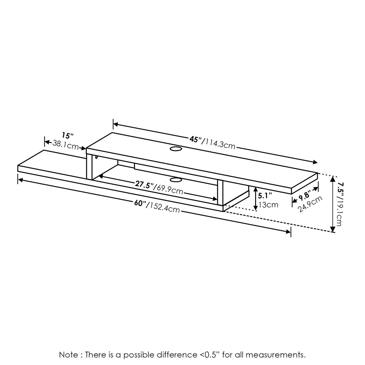 Wall Mounted Floating Media Console, 60 inch, Columbia Walnut Q9821