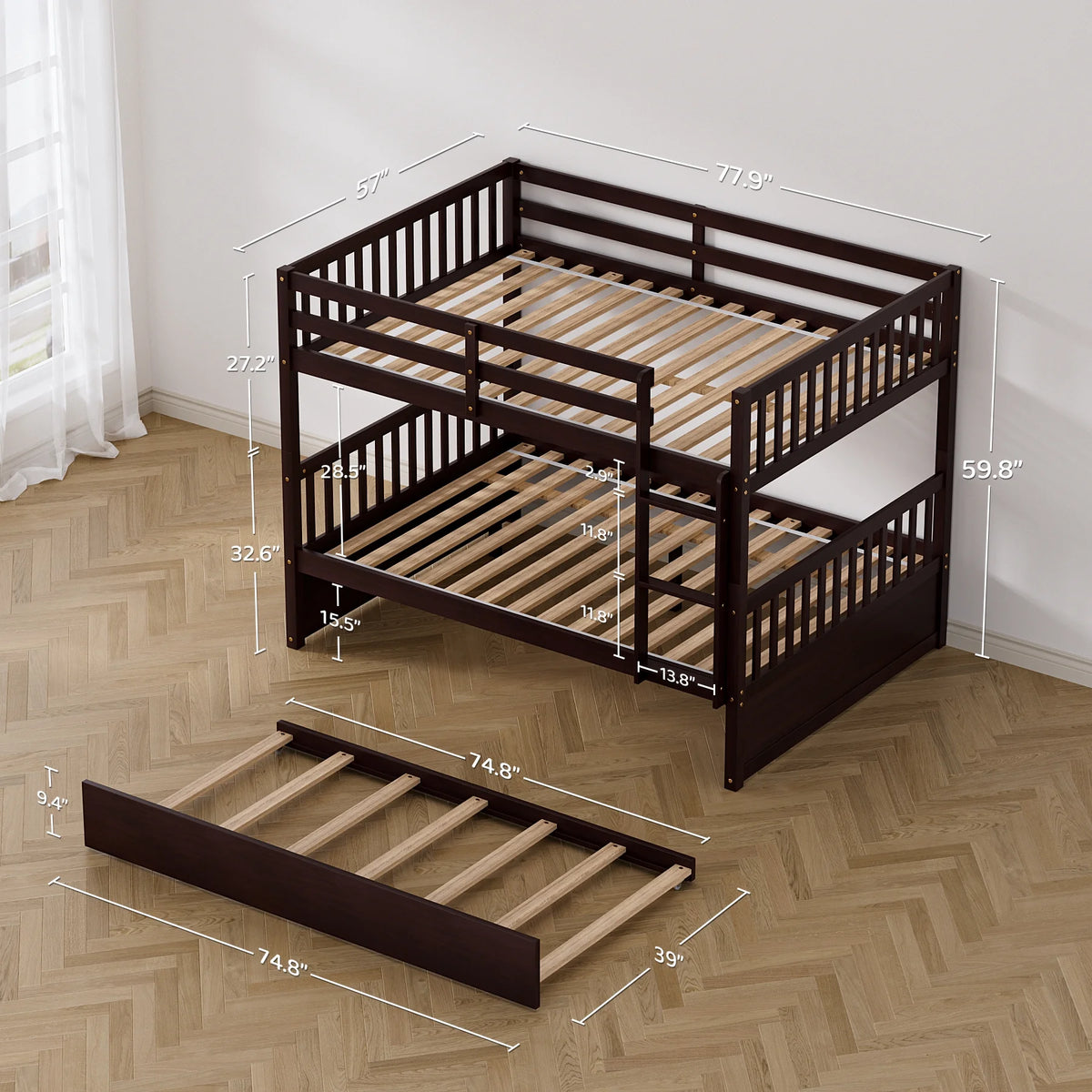 Wood Full over Full Bunk Bed with Trundle and Ladder N783