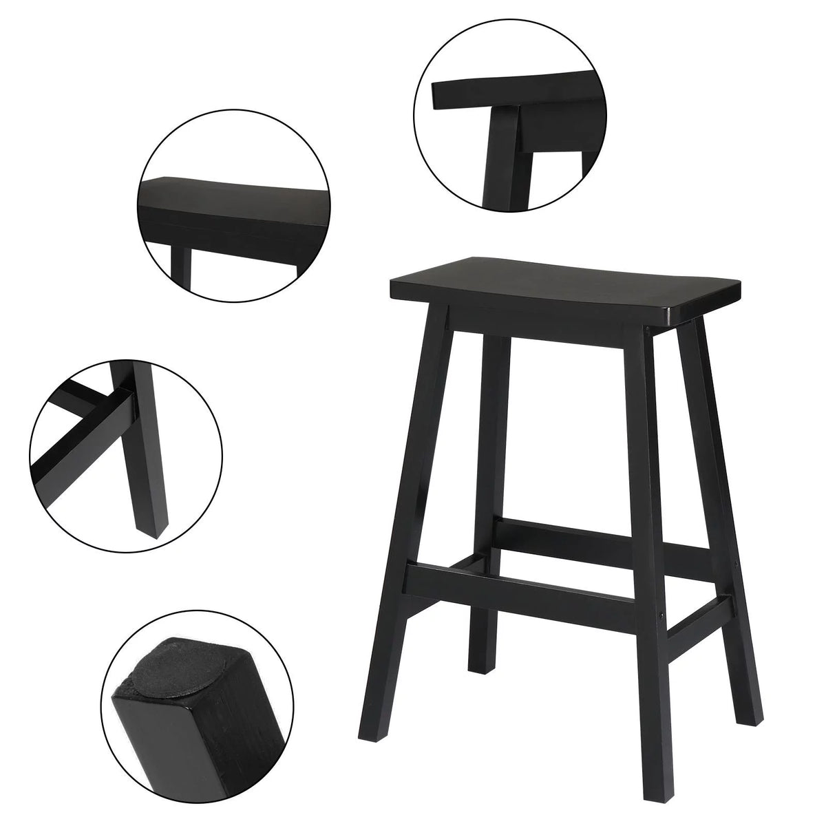 Set of 4 Black Wooden Saddle Seat Bar Stools N8956