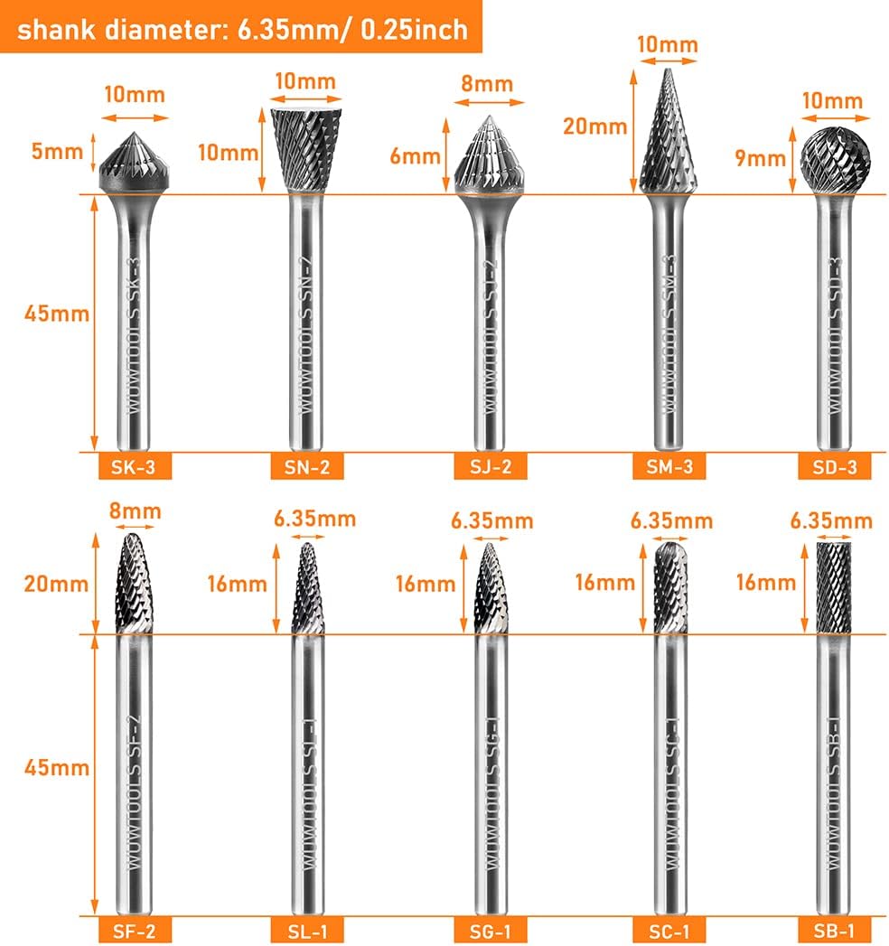 Carbide Cutting Rotary Burrs Set 10PCS, 1/4 Shank Double Cut Die Grinder Bit Tungsten Steel Solid Tool X943645