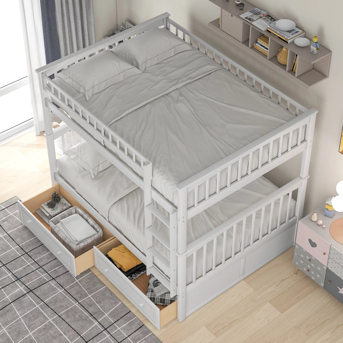 Pine Wood Full-Over-Full Bunk Bed with Storage Z7138