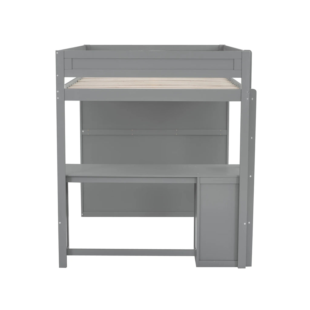 Wood Full Size Loft Bed with Storage Desk, Drawers and Wardrobe T458