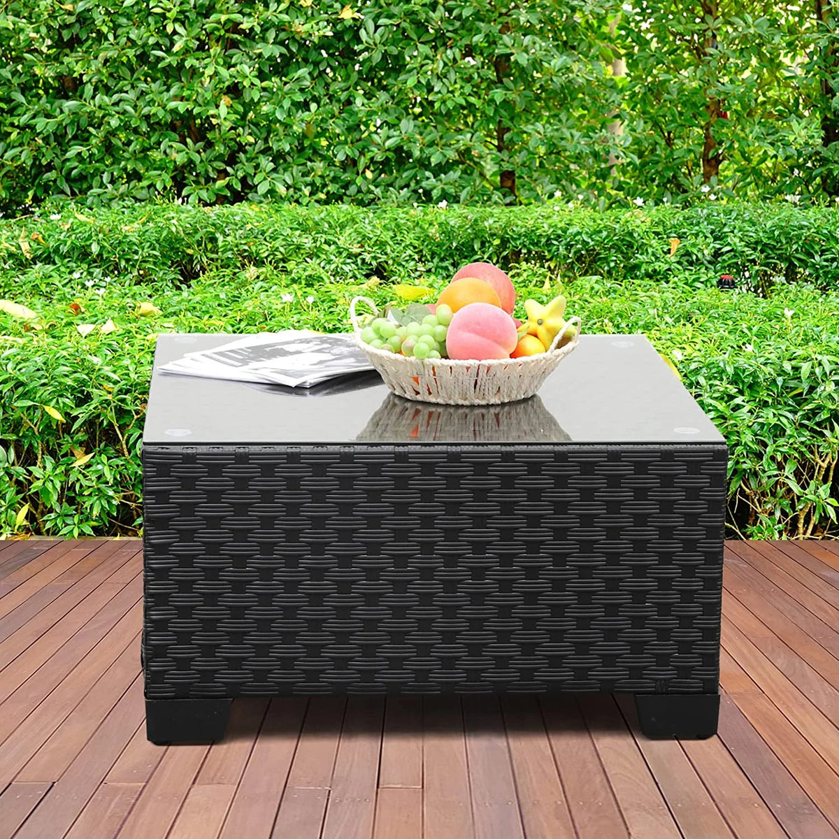 Black Wicker Square Patio Coffee Table with Tempered Glass Top K2065
