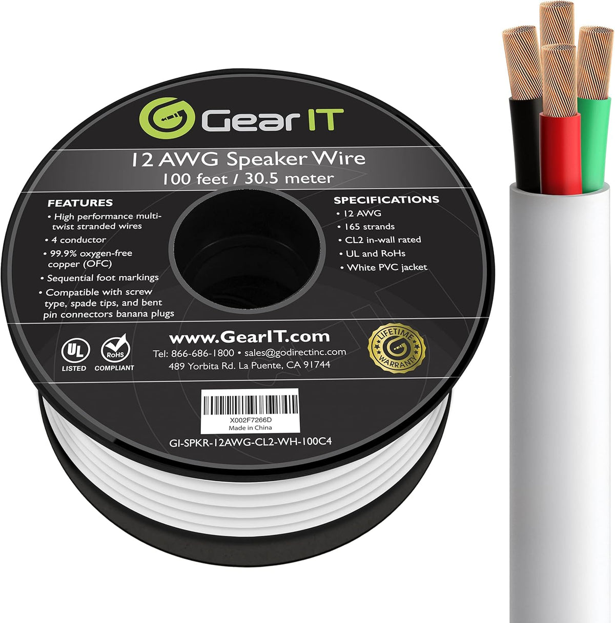 12AWG 4 Conductors CL2 Rated OFC Oxygen-Free Copper Speaker Wire Cable, White, 250 Feet O8617