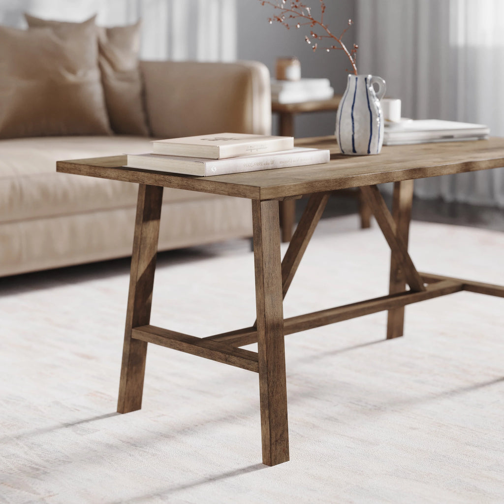 Solid Wood Trestle Coffee Table in Rustic Brown T9133