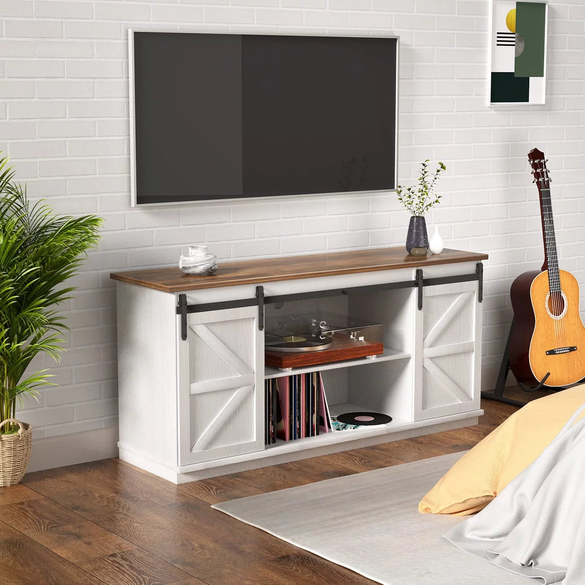 White 58 Inch TV Stand with Sliding Barn Doors W155623