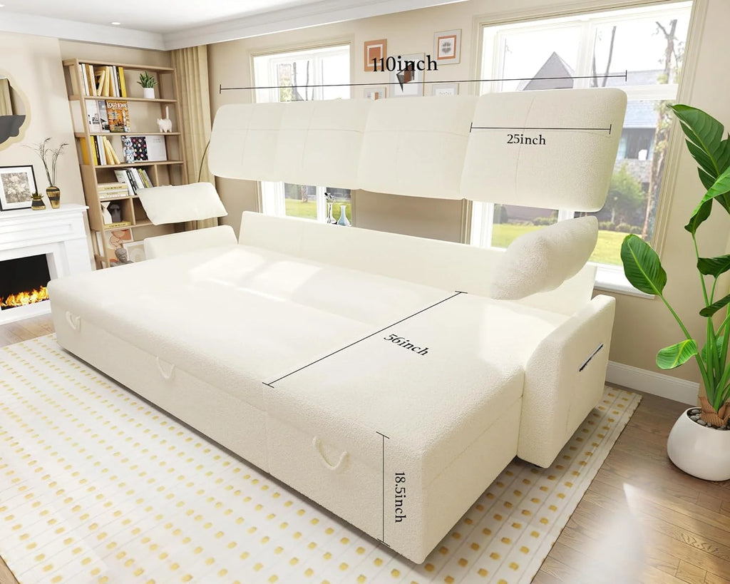 White Boucle Sleeper Sofa with 2 Storage Chaise H747679