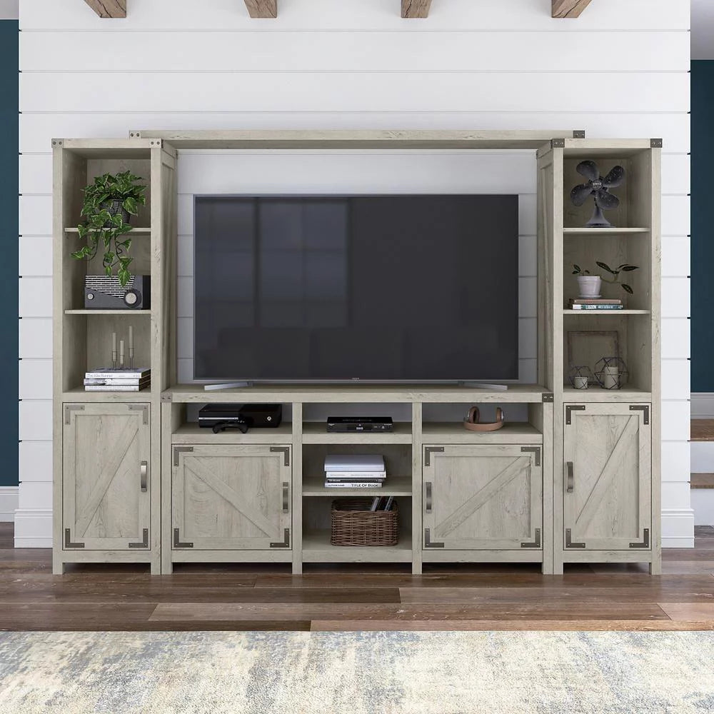 65W Farmhouse Entertainment Center with Shelves Cottage White R74437