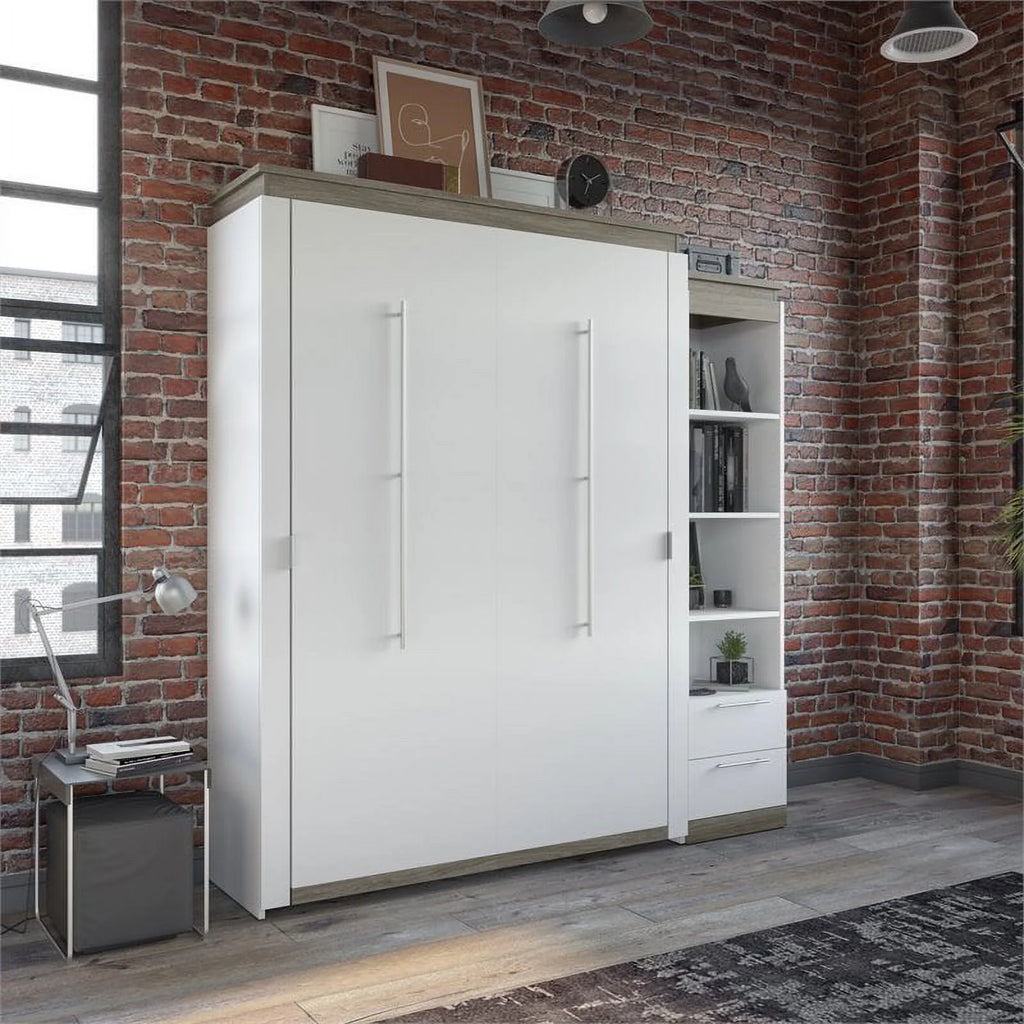 White Queen Murphy Bed and Shelving with Drawers R211