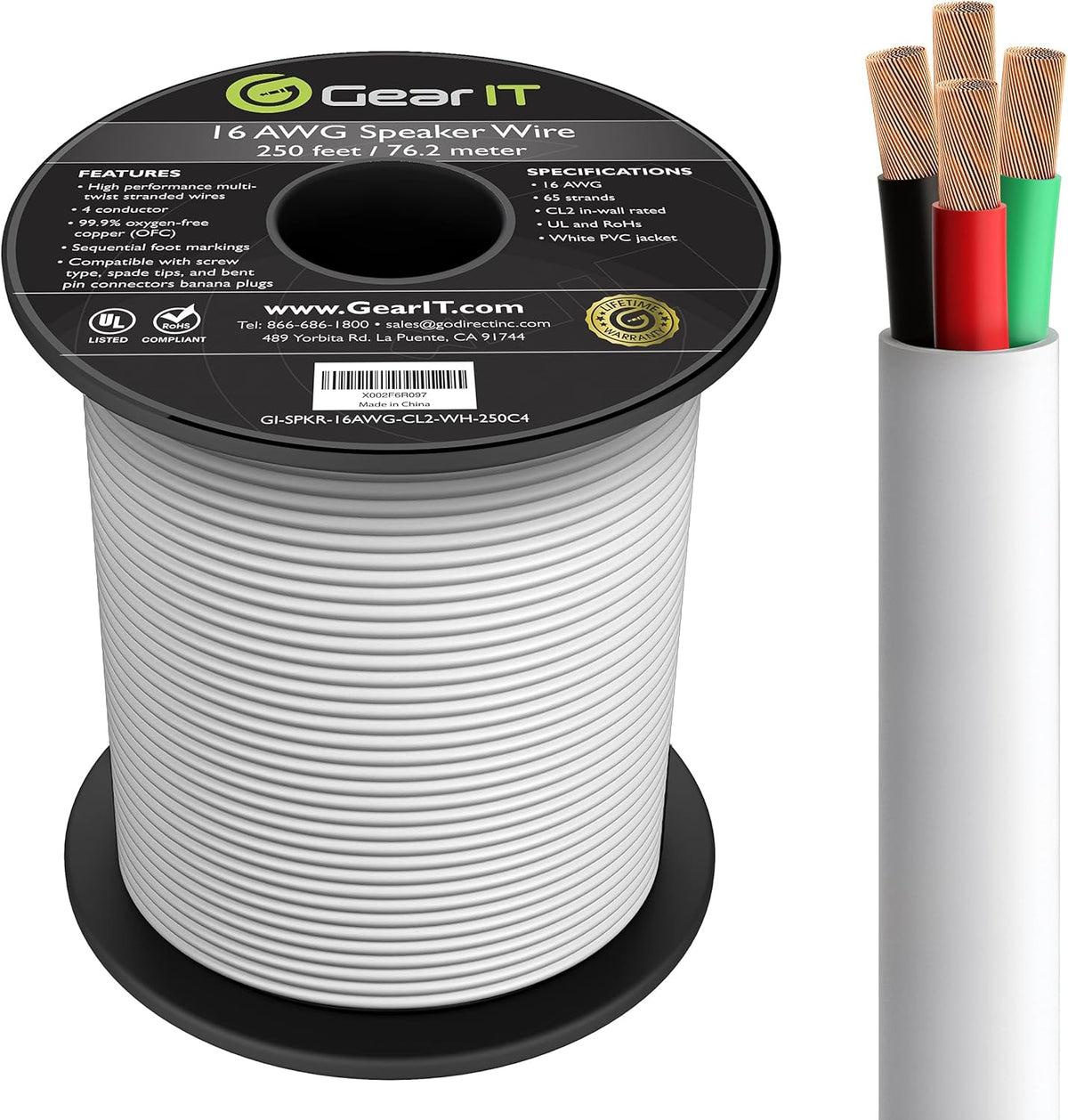 12AWG 4 Conductors CL2 Rated OFC Oxygen-Free Copper Speaker Wire Cable, White, 250 Feet O8617