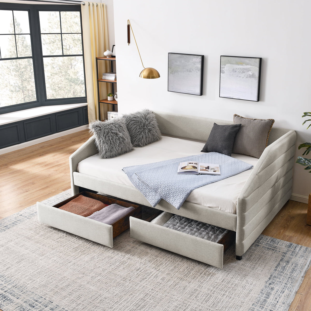 Full Size Upholstered Tufted Linen Daybed with Trundle R7087