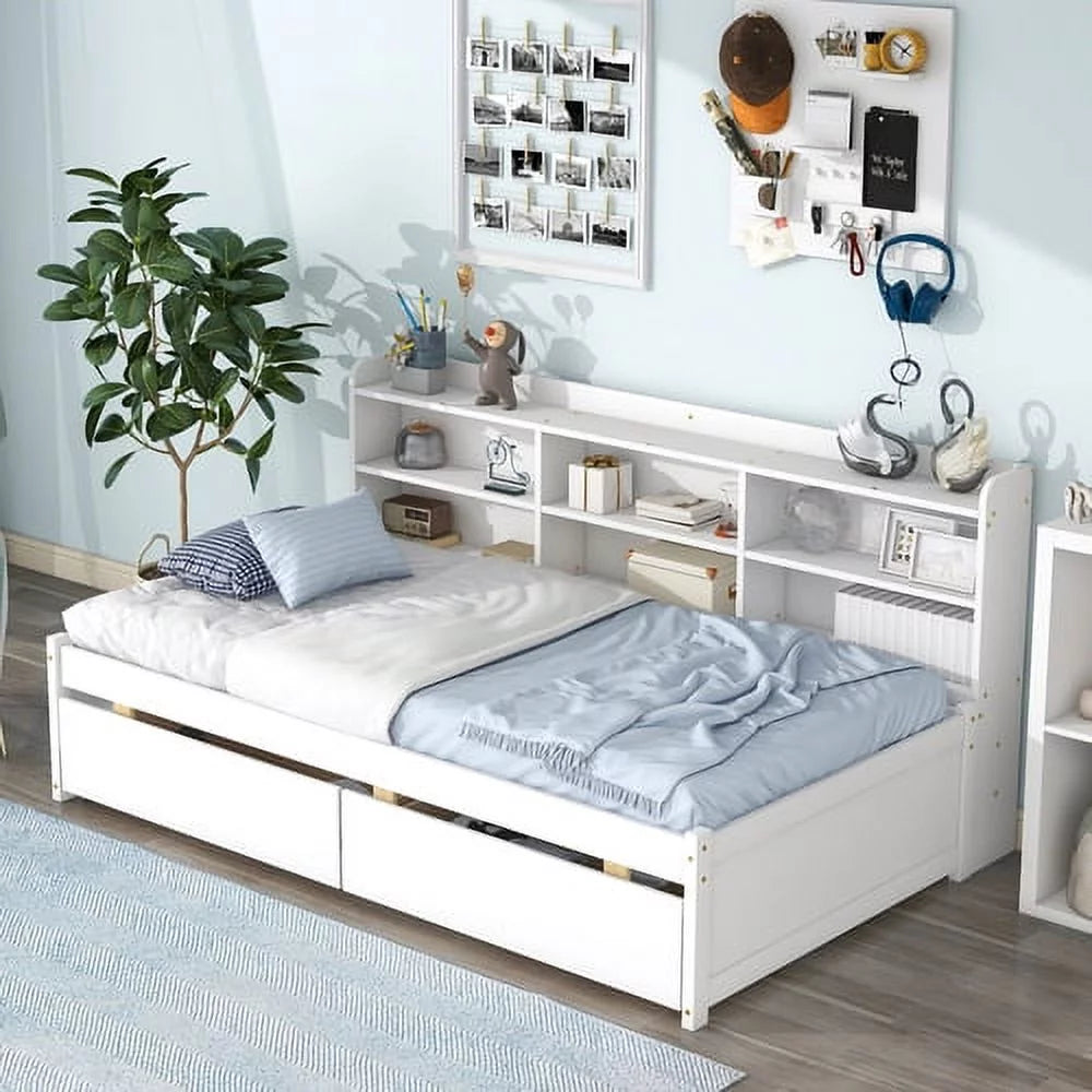 White Twin Bed with Bookcase and Drawers R971858