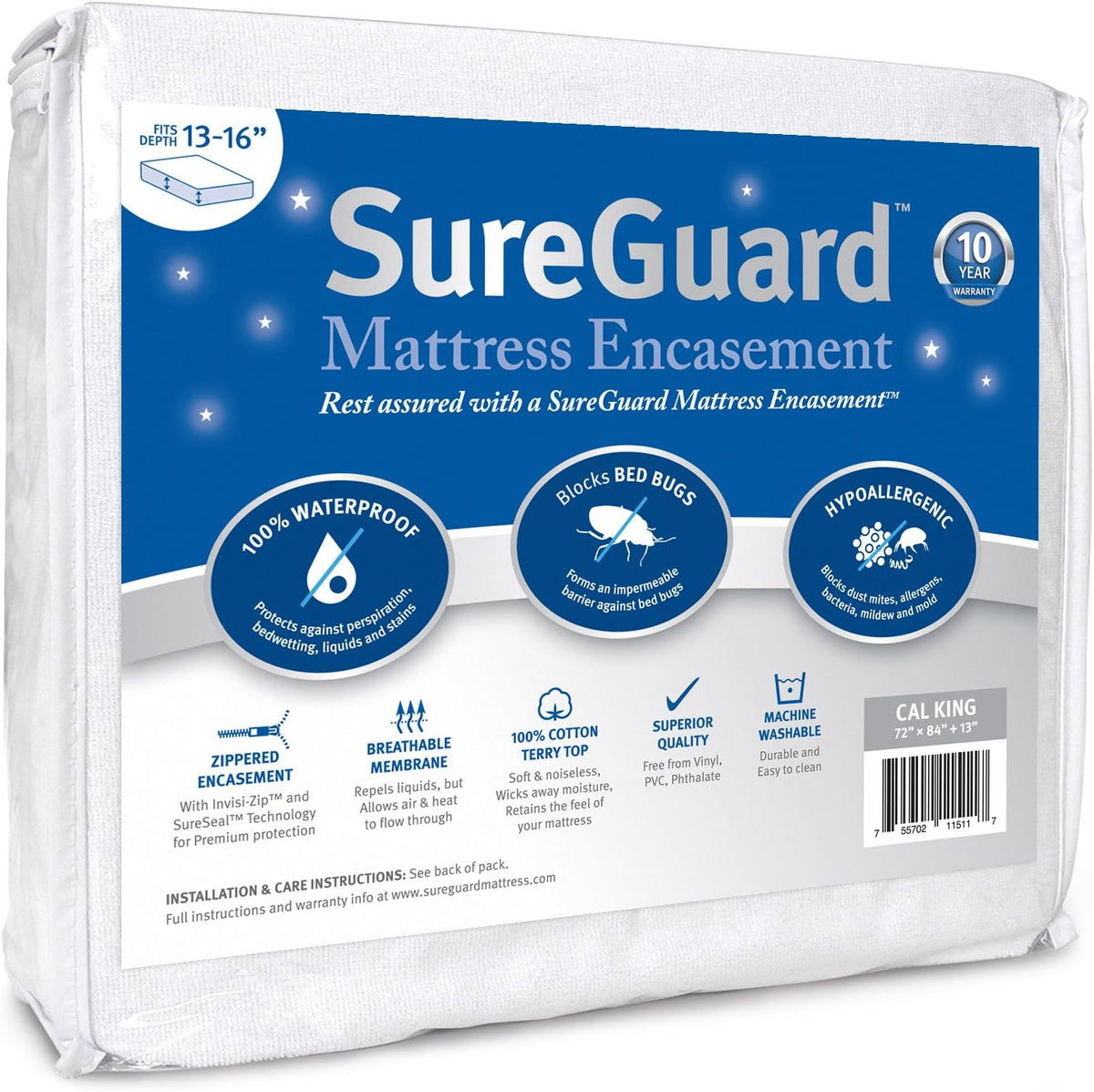 Cal King Mattress Encasement - 100% Waterproof, Bed Bug Proof - Zippered Six-Sided Cover G744