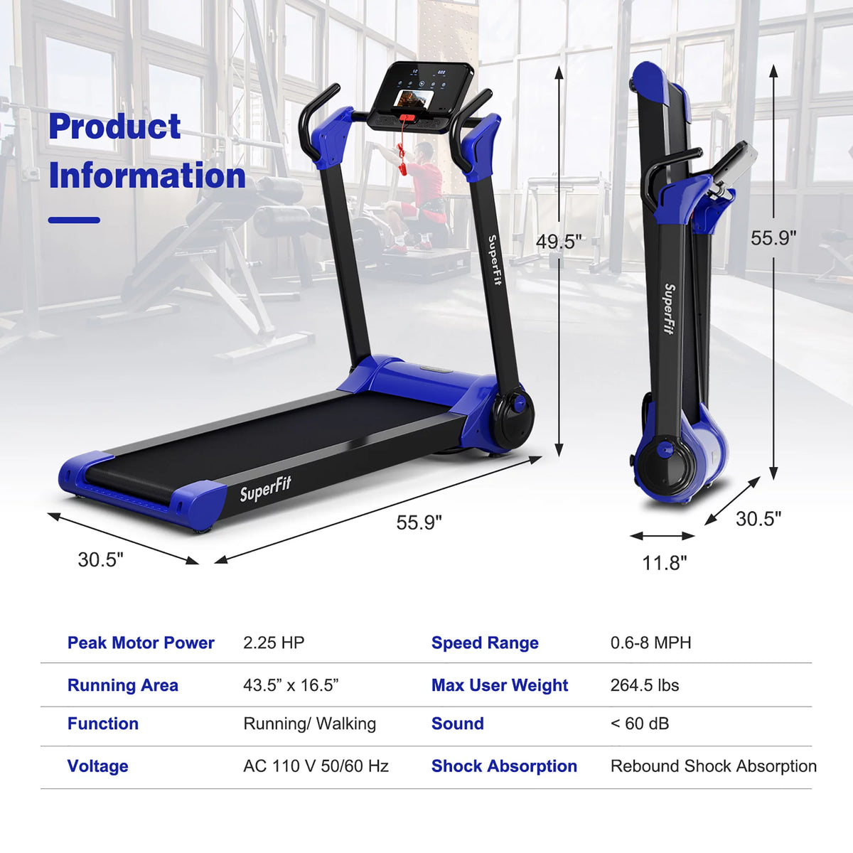 Folding 2.25HP Electric Treadmill Black J4600