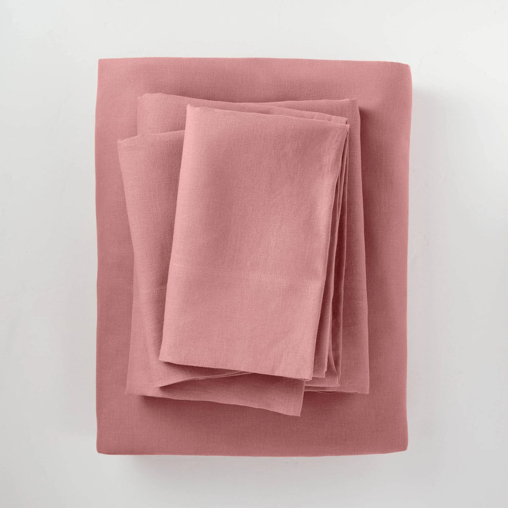 California King 100% Washed Linen Solid Sheet Set Rose O88421