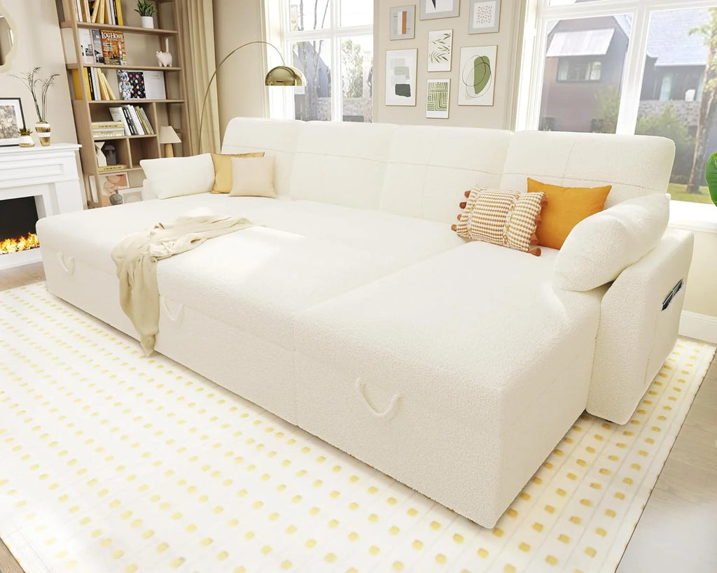 White Boucle Sleeper Sofa with 2 Storage Chaise H747679