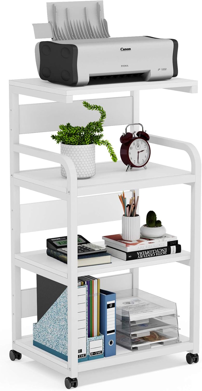 Rustic Brown 4-Shelf Mobile Printer Stand with Storage Shelves on Wheels K805