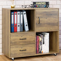 Rustic Brown 2 Drawer Wood Lateral Filing Cabinet with Door and Open Storage Shelves D3475