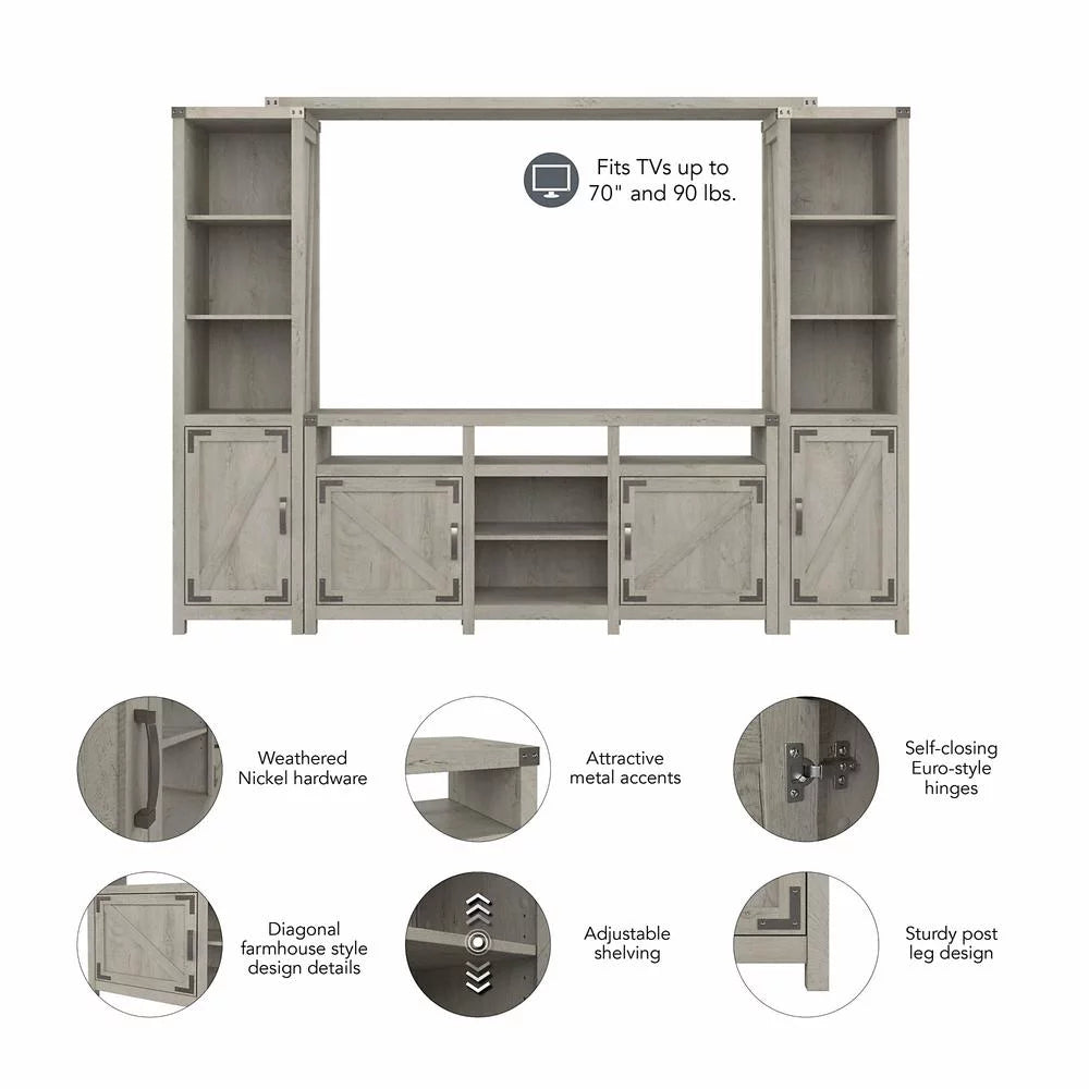 65W Farmhouse Entertainment Center with Shelves Cottage White R74437