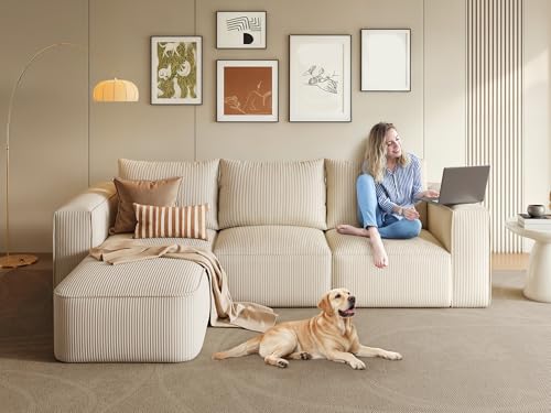 107 Inch Milky White Corduroy L-Shape Sectional Couch with 3 Pillows F46630