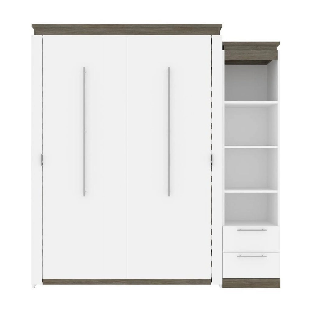 White Queen Murphy Bed and Shelving with Drawers R211
