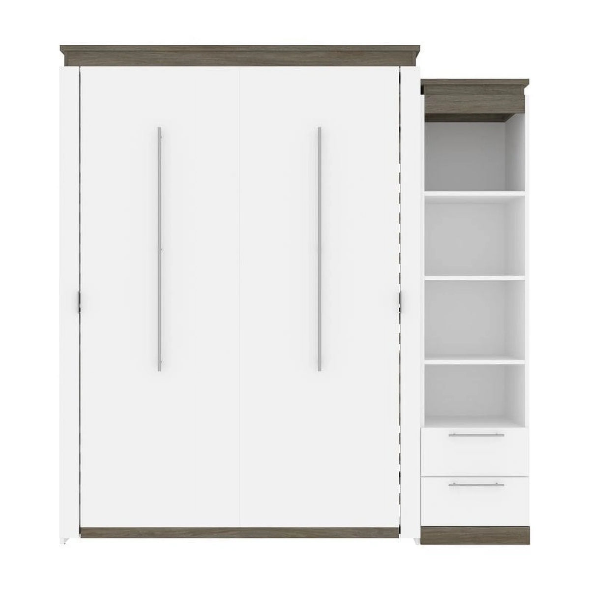 White Queen Murphy Bed and Shelving with Drawers R211