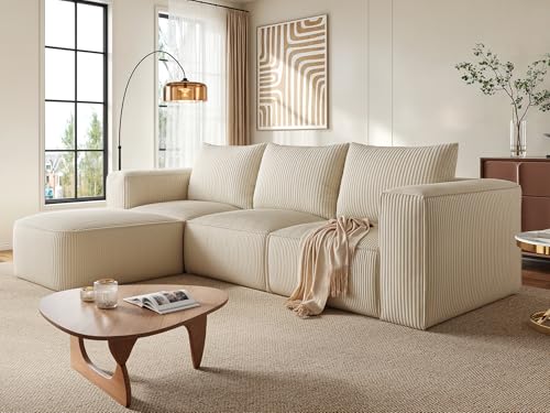 107 Inch Milky White Corduroy L-Shape Sectional Couch with 3 Pillows F46630
