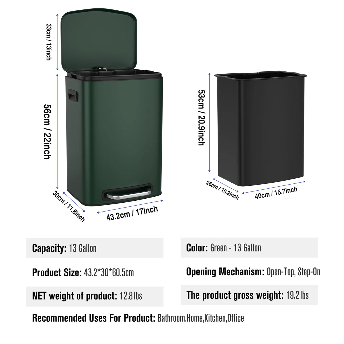 13 Gallon 50L Stainless Steel Trash Can with Lid Q6898