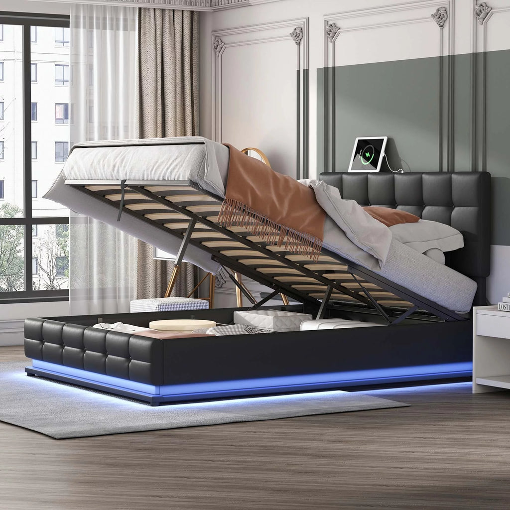 White Queen Size Tufted Upholstered Platform Bed with LED Lights and USB Charger T805164