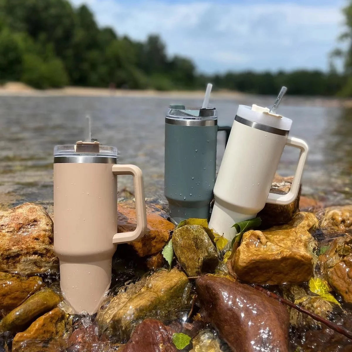 40 oz Stainless Steel Flat Bottom Mug with Handle & Straw Lid I5692
